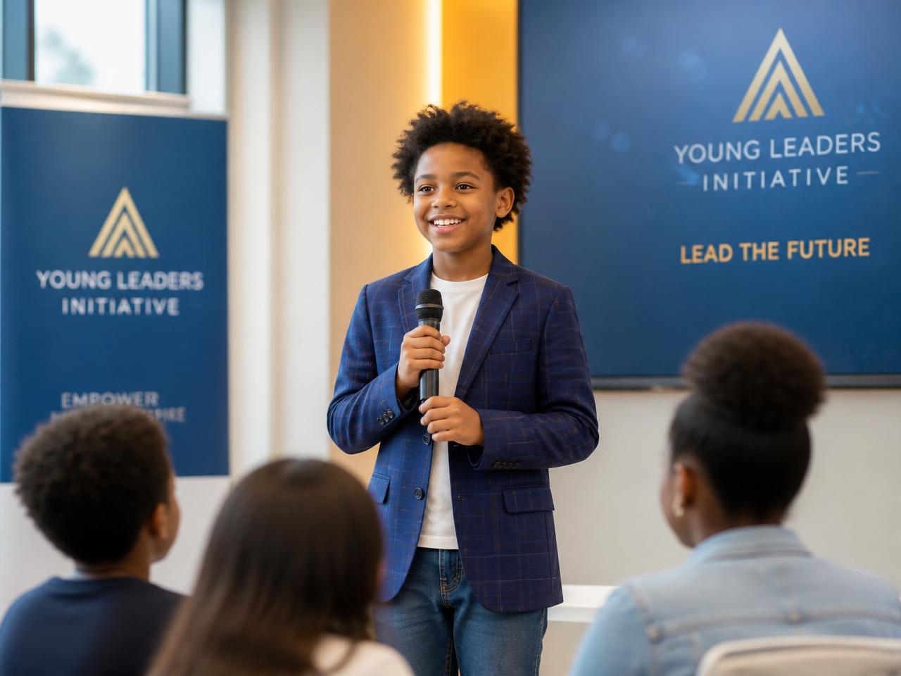 A young leader confidently presenting to peers at a Beyond Grade event