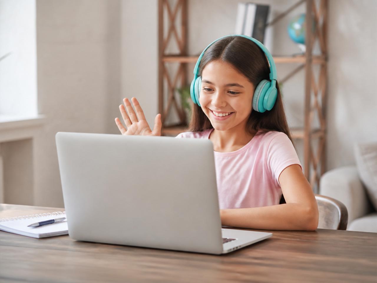 Child learning happily online with headphones