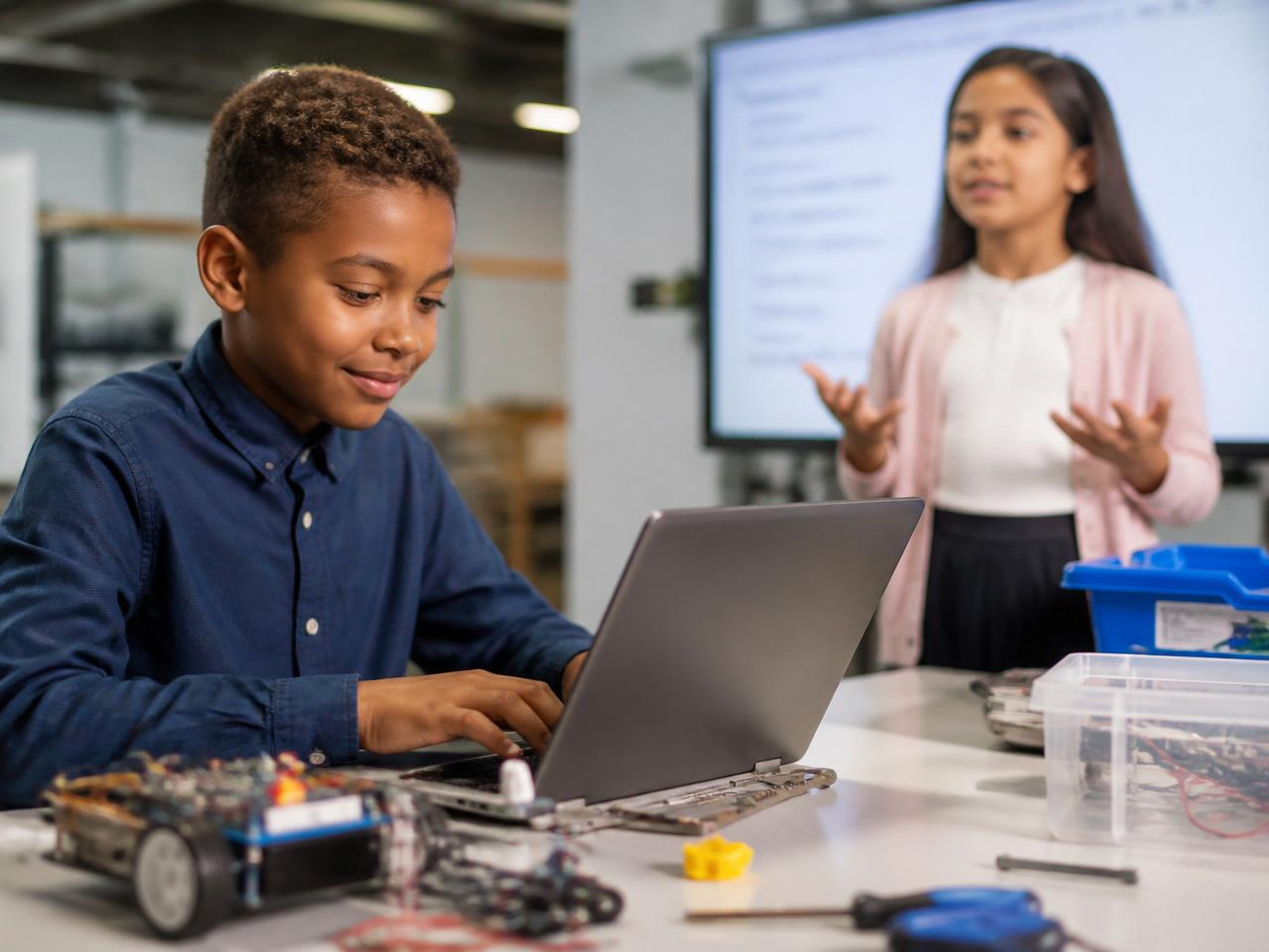 A child coding while another child presents confidently