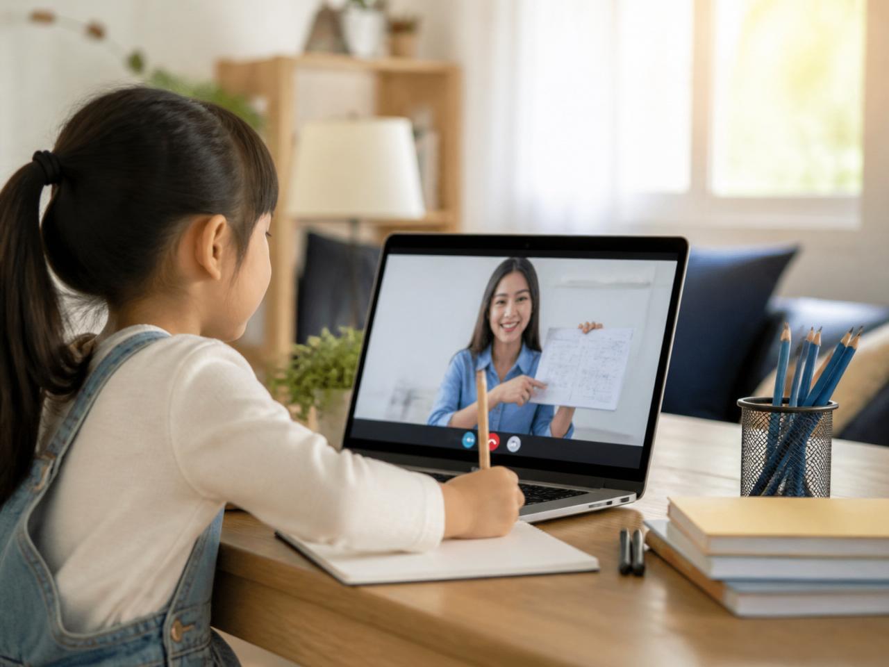 A young child on a video call with a friendly tutor